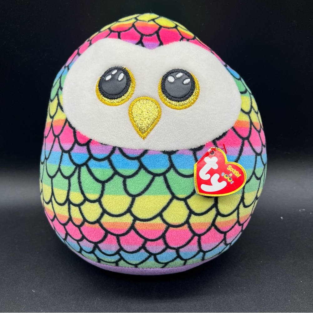 TY Squish a Boos 9” Owen Owl Plush Rainbow Scales Gold Glitter Eyes